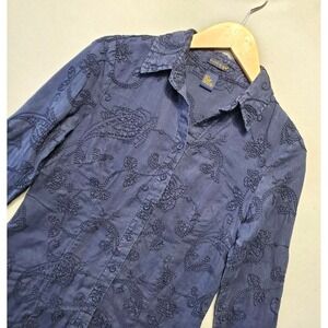 Ecologie 100% Linen Paisley Shirt Women S Blue Embroidered Tunic Boho Button Top